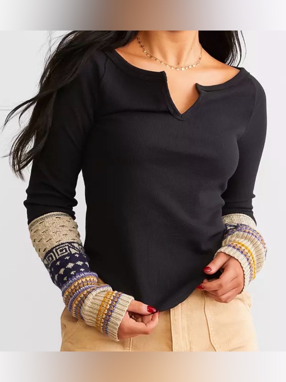 Free People Cozy Craft Cuff Thermal Top SizeXS Black Boatneck Waffle Knit Grunge - Picture 2 of 14